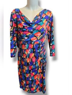 Ann Klein Rainbow Abstract Brushstroke Cowl Neck 3/4 Sleeve Sheath Dress 6 EUC